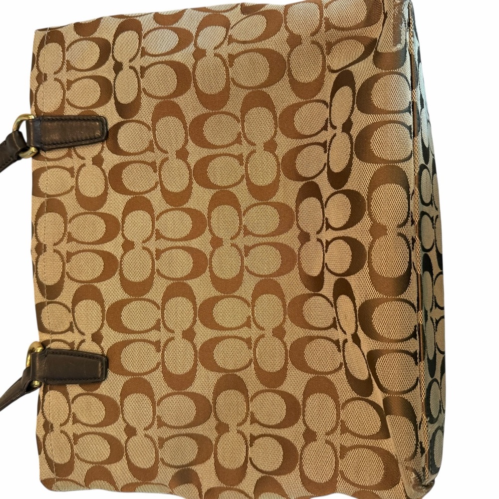 Coach Brown Signature Canvas Tote with Teal Center Stripe - Picture 2 of 6